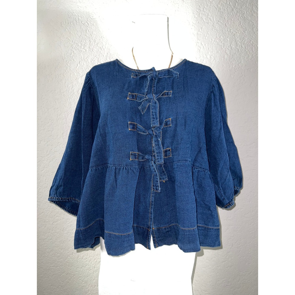 Velvet Heart Denim Bow Front Peplum Jacket Top Puff Sleeve Chambray Blouse